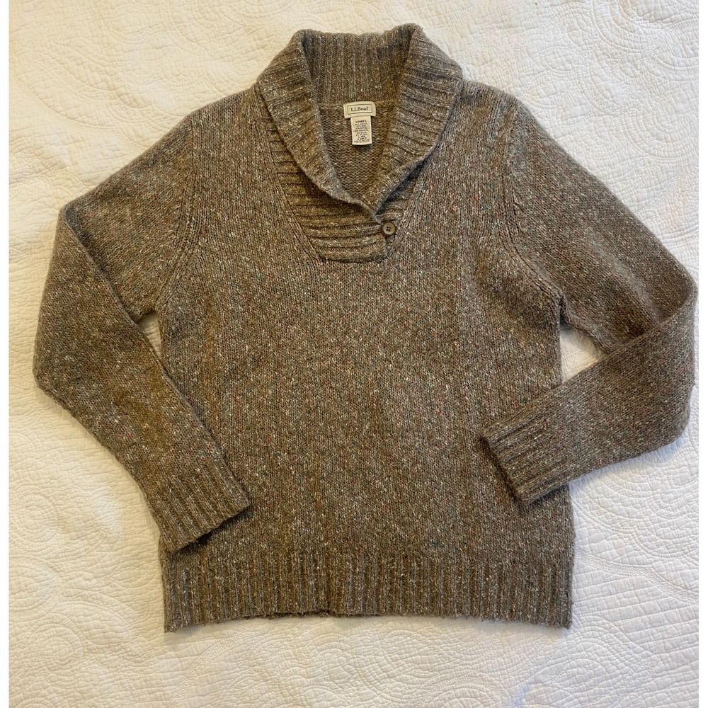 LL Bean Womens Large Brown Wool Blend Shawl Collar Sweater Pullover Large